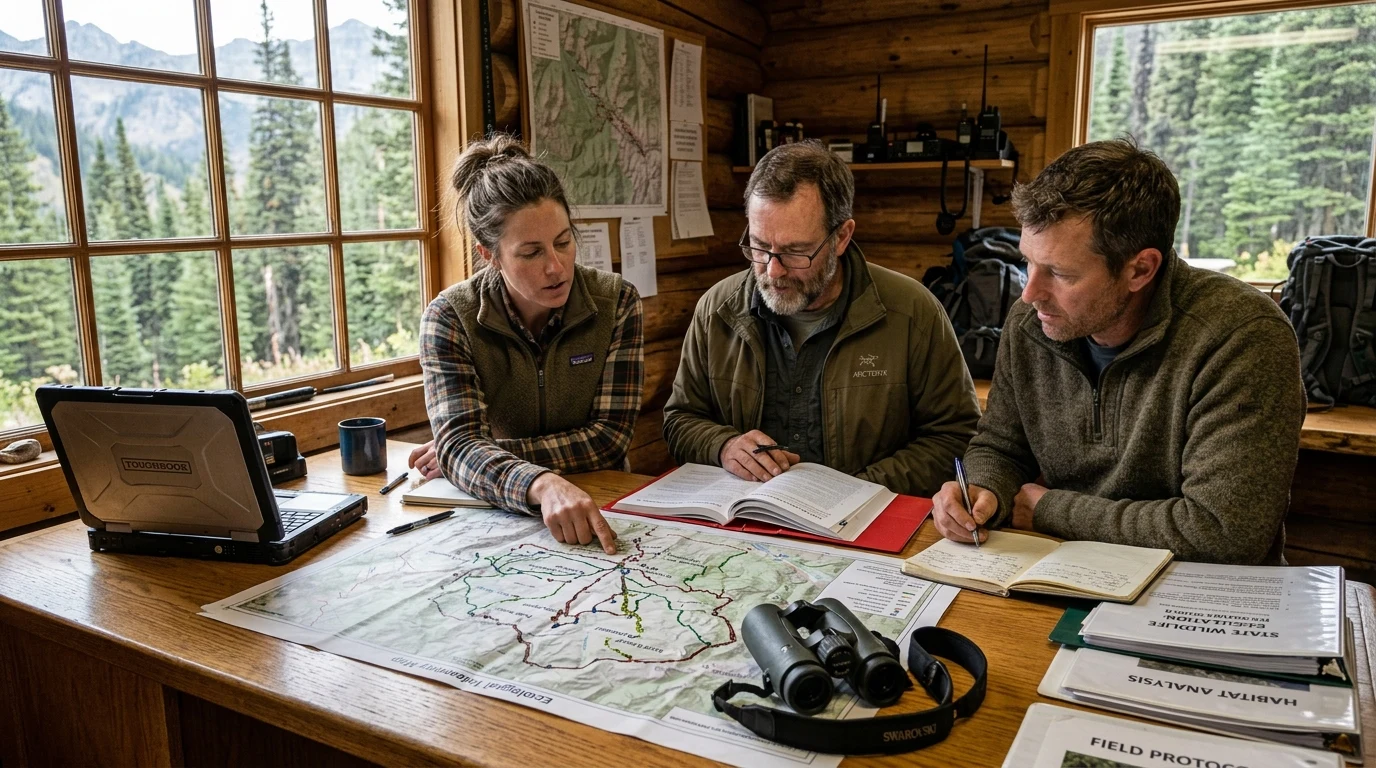 Wildlife biologists and field researchers reviewing regional wildlife management and deer telemetry maps in New Jersey