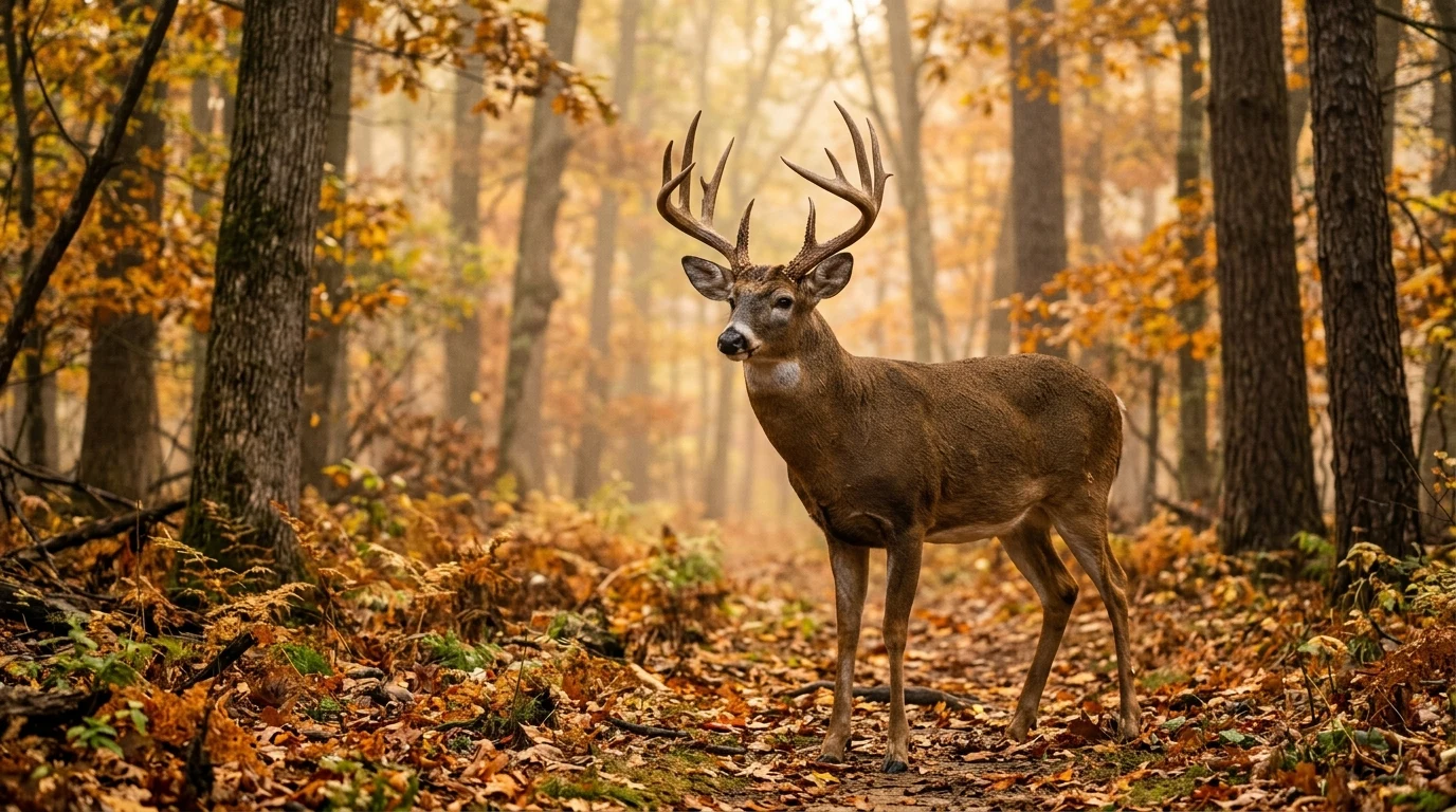 Mature whitetail buck in autumn New Jersey hardwood forest