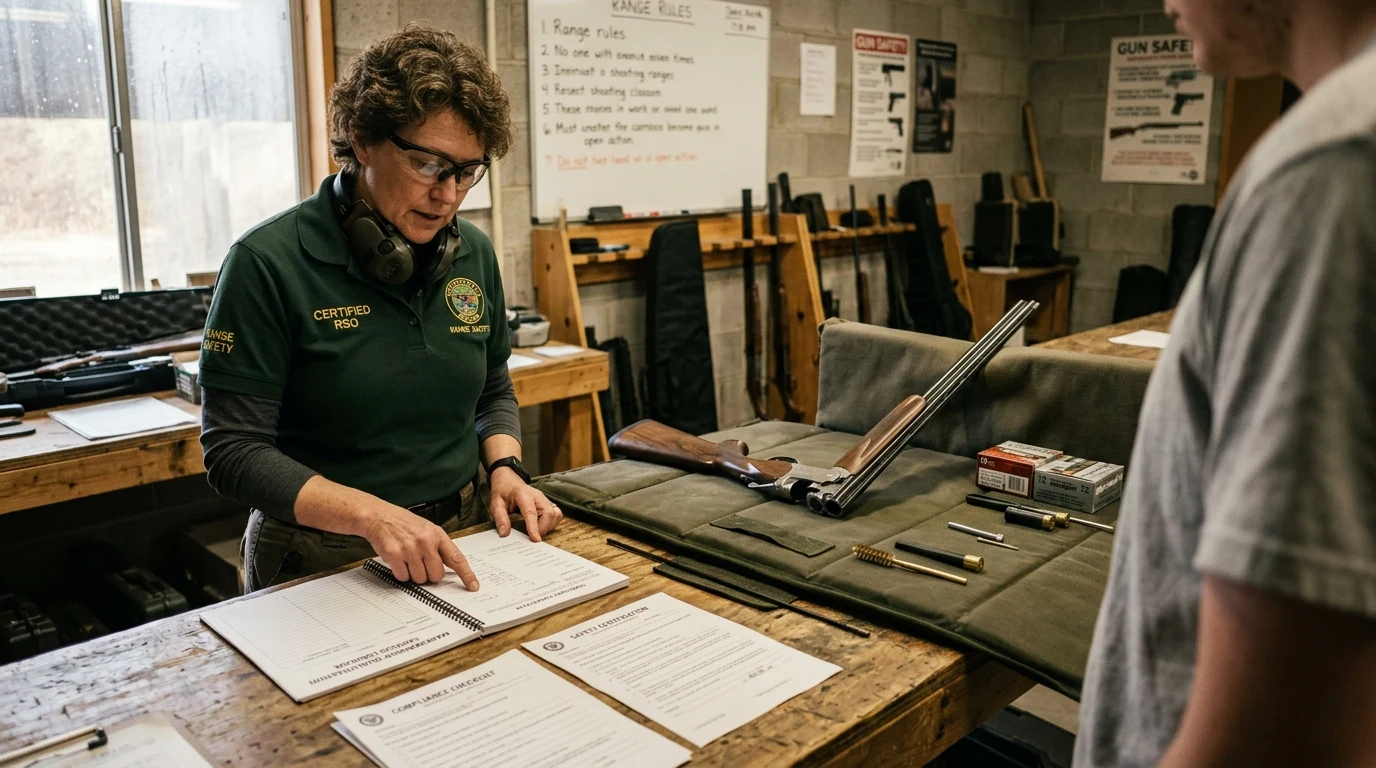 Certified firearms instructor reviewing marksmanship qualification logbook
