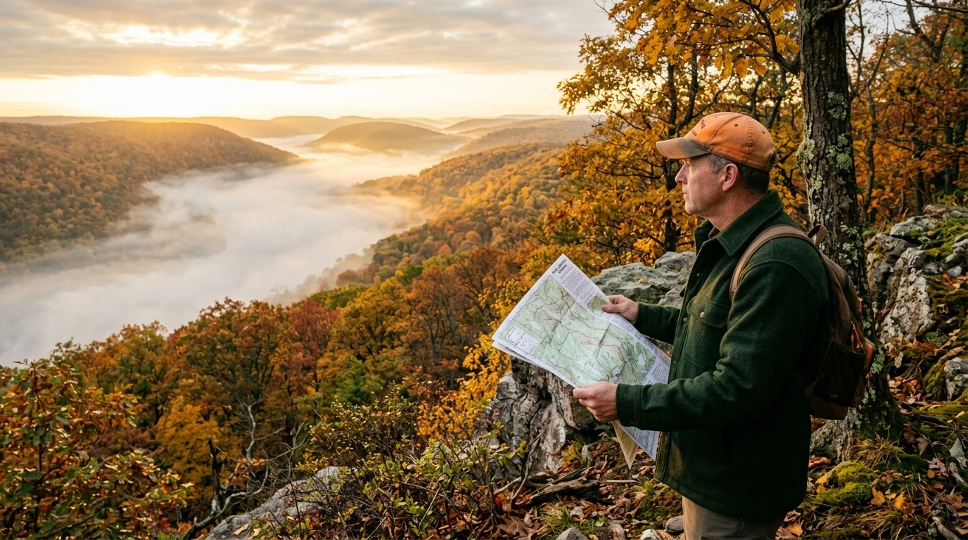 Sportsman reviewing topographic hunting territory map in northern New Jersey